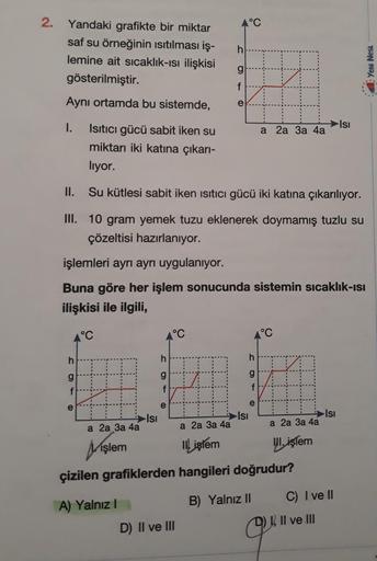 2.
Yandaki grafikte bir miktar
saf su örneğinin ısıtılması iş-
lemine ait sıcaklık-ısı ilişkisi
gösterilmiştir.
Aynı ortamda bu sistemde,
Isıtıcı gücü sabit iken su
miktarı iki katına çıkarı-
lıyor.
I.
h
f
e
a 2a 3a 4a
Vişlem
Isı
A) Yalnız I
II. Su kütlesi