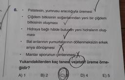 6. Patatesin, yumrusu aracılığıyla üremesi
Çiğdem bitkisinin soğanlarından yeni bir çiğdem
bitkisinin oluşması
Hidraya bağlı hâlde bulunan yeni hidraların oluş-
masi
Bal arılarının yumurtalarının döllenmeksizin erkek
arıya dönüşmesi
X
Mantar sporunun çimlenmesi
Yukarıdakilerden kaç tanesi vejetatif üreme örne-
ğidir?
A) 1
B) 2
(C)
D) 4
E) 5