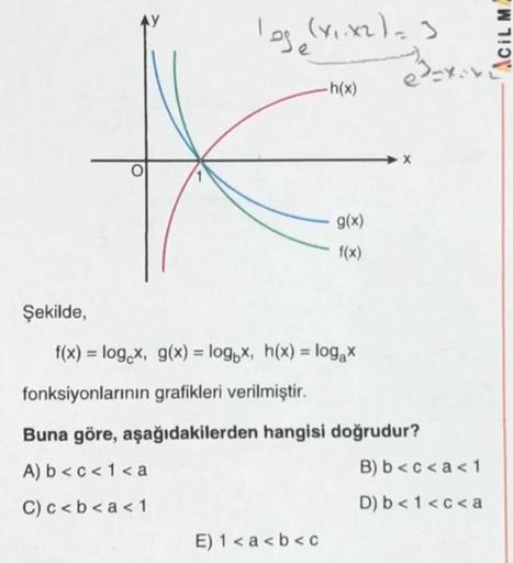 Şekilde,
O
log₂ (x₁.x2) = 3
es
-h(x)
g(x)
f(x)
f(x) = log x, g(x) = logx, h(x) = log₂x
E) 1<a<b< c
fonksiyonlarının grafikleri verilmiştir.
Buna göre, aşağıdakilerden hangisi doğrudur?
A) b< c < 1<a
C) c < b < a < 1
B) b<c<a < 1
D) b< 1<c<a
ACIL M