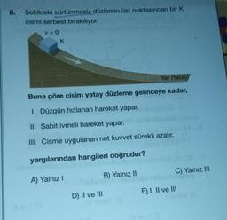 8.
Şekildeki sürtünmesiz düzlemin üst noktasından bir K
cismi serbest bırakılıyor.
v=0
K
Yer (Yatayy
Buna göre cisim yatay düzleme gelinceye kadar,
I. Düzgün hızlanan hareket yapar.
II. Sabit ivmeli hareket yapar.
III. Cisme uygulanan net kuvvet sürekli azalır.
yargılarından hangileri doğrudur?
A) Yalnız I
D) II ve III
711
B) Yalnız II
heligon
C) Yalnız III
Il ev it (0
relig
E) I, II ve III