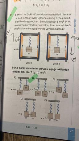 QY
y
siz
Se-
eti
5
5
2. Şekil-I ve Şekil-Il'deki duran asansörlerin tavani-
na asılı özdeş yaylar uçlarına asılmış özdeş m küt-
leleri ile dengededirler. Birinci asansör 5 m/s² lik iv-
me ile yukarı yönde hızlanmakta, ikinci asansör ise 5
m/s² lik ivme ile aşağı yönde yavaşlamaktadır.
Tas
X=0
X = 0--
3
D)
X = 0 --
m
Şekil-I
Şekil-II
Buna göre; cisimlerin durumu aşağıdakilerden
hangisi gibi olur? (g: 10 m/s²)
A)
B)
m
E) a₂ > a, > a
1. C
mm
0
x = 0 ---
2. B
3
3
E)
X=0--
X = 0-
www
3;
3
m
F
3
m
ME
Aydın Yayınları
Ta
27