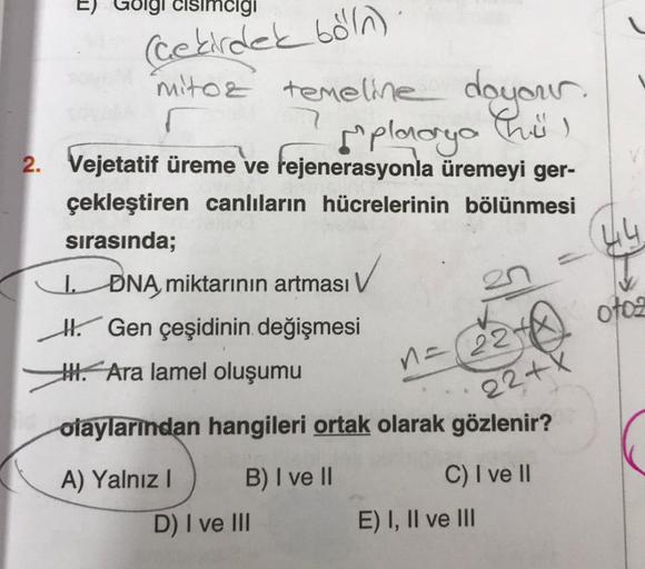 E) Golgi cisimcigi
(Cekirdek böln)
mitoz temeline doyour.
7
[placrya hül
2. Vejetatif üreme ve rejenerasyonla üremeyi ger-
çekleştiren canlıların hücrelerinin bölünmesi
sırasında;
DNA, miktarının artması
H. Gen çeşidinin değişmesi
H.Ara lamel oluşumu
olayl