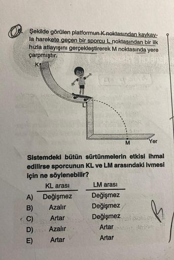 Şekilde görülen platformun K noktasından kaykay-
la harekete geçen bir sporcu L noktasından bir ilk
hızla atlayışını gerçekleştirerek M noktasında yere
çarpmıştır.
K₁
A)
B)
C)
D)
E)
4:5
Değişmez
Azalır
Artar
Azalır
Artar
Sistemdeki bütün sürtünmelerin etki