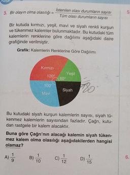 3. Bir olayın olma olasılığı
Bir kutuda kırmızı, yeşil, mavi ve siyah renkli kurşun
ve tükenmez kalemler bulunmaktadır. Bu kutudaki tüm
kalemlerin renklerine göre dağılımı aşağıdaki daire
grafiğinde verilmiştir.
Grafik: Kalemlerin Renklerine Göre Dağılımı
A)
Kırmızı
B)
120°
1
10
100°
İstenilen olası durumların sayısı
Tüm olası durumların sayısı
Mavi
60°
Bu kutudaki siyah kurşun kalemlerin sayısı, siyah tü-
kenmez kalemlerin sayısından fazladır. Çağrı, kutu-
dan rastgele bir kalem alacaktır.
Yeşil
Buna göre Çağrı'nın alacağı kalemin siyah tüken-
mez kalem olma olasılığı aşağıdakilerden hangisi
olamaz?
Siyah
C)
780°
1
12
D)
15
6.