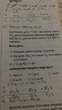 geri kaçtır?
(A) 0,27 B) 0,30 C) 0,75 D) 0,54 E) 0,6
3th
2Nt → M₂ +
0,8
-0.4.
D
S 10,4
+0,2
10,21
+0,6
10,6)
B:
4: 014
S-014
2SO₂(g)=2SO₂(g) + O₂(g)
tepkimesine göre t °C'de 1 atm basınç yapan
SO3 gazı ile başlatılan reaksiyon dengeye gel-
diğinde O₂ gazının kısmi basıncı 0,2 atm ol-
maktadır.
Buna göre,
A) Yalnız 1
B) I ve II.
D) II ve III
E) I, II ve III
2 503-) 250₂ +0₂
250.
tepk
1. Dengede toplam basınç 1,2 atm'dir.
II. Dengede SO3 mol sayısı O₂ mol sayısı-
nın 3 katıdır.
III. t °C de Kp < 1 dir.
verilenlerden hangileri doğrudur?
K₂
C) I ve III
-0,4 +0,2
0,2
2
+0,4
S(k)+O₂(g)-so₂(g)
Belirli bir sıcaklıkta 1L'lik kapta dengede
mado gazların kısmi ba