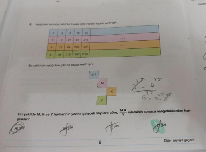 Aşağıdaki tabloda belirli bir kurala göre yazılan sayılar verilmiştir.
A) 2
2
3
6
4
9
16
36
8
27
16
32
64 256 1024
81 243
216 1296 7776
of
Bu tablodan aşağıdaki gibi bir parça kesilmiştir.
526
225
M
Bu şekilde M, K ve Y harflerinin yerine gelecek sayılara 