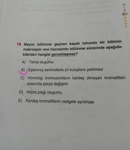 HIN
D) Hücre plağı oluşumu
E) Kardeş kromatitlerin rastgele ayrılması
KENY
18. Mayoz bölünme geçiren kapalı tohumlu bir bitkinin
makrospor ana hücresinin bölünme sürecinde aşağıda-
kilerden hangisi gerçekleşmez?
A) Tetrat oluşumu
B) Eşlenmiş sentriollerin zıt kutuplara çekilmesi
C) Homolog kromozomların kardeş olmayan kromatitleri
arasında parça değişimi