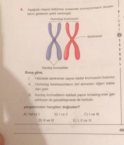 4.
Aşağıda mayoz bölünme sırasında kromozomların durum-
larını gösteren şekil verilmiştir.
Homolog kromozom
XX
Kardeş kromatitler
Buna göre,
1. Hücrede sentromer sayısı kadar kromozom bulunur.
II. Homolog kromozomların biri anneden diğeri baba-
dan gelir.
Sentromer
III. Kardeş kromatitlerin kalıtsal yapısı krossing-over ger-
çekleşse de gerçekleşmese de farklıdır.
yargılarından hangileri doğrudur?
A) Yalnız I
B) I ve II
D) II ve III
C) I ve III
E) I, II ve III
i
46