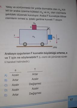 4. Yatay ve sürtünmesiz bir yolda durmakta olan m küt-
leli bir araba üzerine kütleleri mk ve m olan cisimlerle
şekildeki düzenek kuruluyor. Araba F kuvvetiyle itilirse
cisimlerin ivmesi a, ipteki gerilme kuvveti T oluyor.
mk
F
A)
B)
C)
D)
E)
K
a
Azalır
Artar
Azalır
Azalır
Artar
MA
L
T
Artar
Azalır
Değişmez
Azalır
Değişmez
ML
Arabaya uygulanan F kuvvetin büyüklüğü artarsa, a
ve T için ne söylenebilir? (L cismi ok yönünde sürek-
li hareket halindedir.)
yatay
ok
67