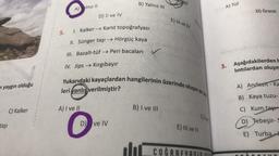 yaygın olduğu
taşı
C) Kalker
J
A) Inız il
D) II ve IV
5. 1. Kalker →Karst topoğrafyası
II. Sünger taşı →→Hörgüç kaya
III. Bazalt-tüf→ Peri bacaları VNGE
IV. Jips →Kırgıbayır
A) I ve II
B) Yalnız III
Yukarıdaki kayaçlardan hangilerinin üzerinde oluşan yer se
leri yanlış verilmiştir?
O
D) ve IV
E) III ve IV
B) I ve III
E) III ve IV
A) Tüf
3.
D) Granit
Aşağıdakilerden H
lintilardan oluşm
A) Andezit-Ka
B) Kaya tuzu-
C) Kum taş
D) Tebeşir-S
E) Turbat