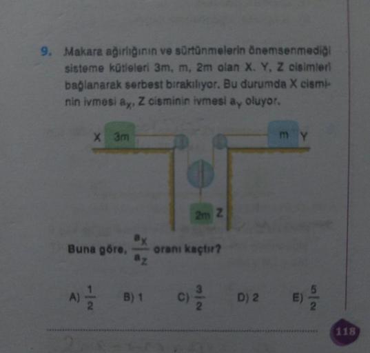 9. Makara ağırlığının ve sürtünmelerin önemsenmediği
sisteme kütleleri 3m, m, 2m olan X. Y, Z cisimleri
bağlanarak serbest bırakılıyor. Bu durumda X cismi
nin ivmesi ay, Z cisminin ivmesi ay oluyor.
X 3m
Buna göre,
A) 2/1/20
AZ
B) 1
2m Z
oranı kaçtır?
D) 2