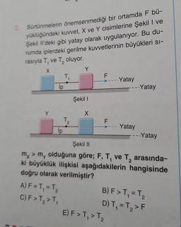 Sürtünmelerin önemsenmediği bir ortamda F bü-
yüklüğündeki kuvvet, X ve Y cisimlerine Şekil I ve
Şekil Il'deki gibi yatay olarak uygulanıyor. Bu du-
rumda iplerdeki gerilme kuvvetlerinin büyükleri sı-
rasıyla T, ve T₂ oluyor.
1
X
ip
İp
T₁
A) F = T₁ = T₂
C) F > T₂ > T₁
2
Y
Şekil I
X
F
F
Yatay
---- Yatay
E) F > T₁ > T₂
Yatay
Şekil II
my > my olduğuna göre; F, T₁ ve T, arasında-
ki büyüklük ilişkisi aşağıdakilerin hangisinde
doğru olarak verilmiştir?
---- Yatay
B) F > T₁ = T₂
D) T₁ = T₂ > F