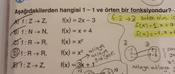 Aşağıdakilerden
Af: Z→Z,
Bf: N→N,
f: R→R,
Df: R→R,
1: Z→Z,
hangisi 1-1 ve örten bir fonksiyondur?
f(x) = 2x - 3
f:2 → 2 örten olm. ic
f(x)=1₁x + a
f(x) = x + 4
f(x)=-1.x+b
f(x) = x²
f(x) = x³ atlays
atlaya
gidiyor.
f(x) = (3x + 1
N
2
2
N
son
X²;
atlaya atlaya g