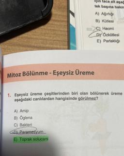 Mitoz Bölünme - Eşeysiz Üreme
için taca ait aşağ
tek başına bakm
A) Ağırlığı
B) Kütlesi
C) Hacmi
DY Özkütlesi
E) Parlaklığı
1. Eşeysiz üreme çeşitlerinden biri olan bölünerek üreme
aşağıdaki canlılardan hangisinde görülmez?
A) Amip
B) Öglena
C) Bakteri
D) Paramesyum
E) Toprak solucanı