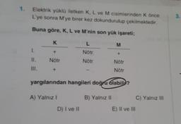 1. Elektrik yüklü iletken K, L ve M cisimlerinden K önce
L'ye sonra M'ye birer kez dokundurulup çekilmektedir.
Buna göre, K, L ve M'nin son yük işareti;
1.
11.
K
Nötr
+
A) Yalnız I
L
Nötr
Nötr
D) I ve II
yargılarından hangileri doğru olabili?
M
B) Yalnız II
Nötr
Nötr
E) II ve III
C) Yalnız III
3.