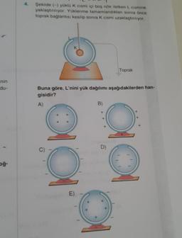 nin
du-
oğ-
Şekilde (-) yüklü K cismi içi boş nötr iletken L cismine
yaklaştırılıyor. Yüklenme tamamlandıktan sonra once
toprak bağlantısı kesilip sonra K cismi uzaklaştırılıyor.
Buna göre, L'nini yük dağılımı aşağıdakilerden han-
gisidir?
A)
a
E)
B)
Toprak
D)
