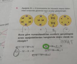 E) I,
inme şen
r,
3.
Aşağıda 2n = 4 kromozomlu bir hücrenin mayoz bölün-
mesi sırasında gözlenen bazı evreler gösterilmiştir.
X X
XX
A)T-11-111 IV
C)-IV-II-III
XX
XX
Buna göre numaralandırılan evrelerin gerçekleşme
sırası aşağıdakilerden hangisinde doğru olarak ve-
rilmiştir?
IPMAT
B-11-IV
DJTT-HH-PV-1
EL
IV