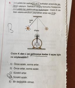 8. (+) yüklü bir sarkaç K ve L noktaları arasında sa-
linim yapıyor. Sarkacın düşey konumu hizasında
(+) yüklü bir elektroskop bulunuyor. Cisim K de
iken elektroskobun yaprakları arası açı 0'dır.
B
+ K
ipek
düşey
X
Cisim K den L'ye gelinceye kadar 0 açısı için
ne söylenebilir?
A) Önce azalır, sonra artar.
B) Önce artar, sonra azalır.
C) Sürekli artar.
DSürekli azalır.
E) Bir değişiklik olmaz.