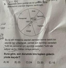 x = 95.
5. Aşağıdaki daire grafiğinde bir şirketin aylık
giderlerinin oransal dağılımı verilmiştir.
6
120
-26
bb
Personel
120°
48%
66
Kira
Vergi
Temizlik
36°
C) 24
4
Yemek
Bu iş yeri kirasına yapılan zamdan sonra belirli bir
sayıda işçi çıkartarak, yemek için ayırdığı paradan
%40 ve personel için ayırdığı paradan %20 kâr
ediyor ve bu miktarı kiraya ekliyor.
Buna göre, son durumda kira toplam giderin
yüzde kaçıdır?
A) 30
B) 25
D) 20
E) 15