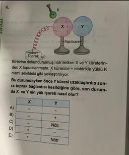 karekök
4.
A)
B)
C)
D)
E)
b
+
ellee
+
an
6089
Toprak
Birbirine dokundurulmuş nötr iletken X ve Y kürelerin-
den X topraklanmıştır. X küresine + elektrikle yüklü K
cismi şekildeki gibi yaklaştırılıyor.
K
Bu durumdayken önce Y küresi uzaklaştırılıp son-
ra toprak bağlantısı kesildiğine göre, son durum-
da X ve Y nin yük işareti nasıl olur?
X
12
Y
1
X +
+
Nötr
Y
Nötr
Yalıtkan+