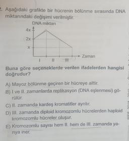 2. Aşağıdaki grafikte bir hücrenin bölünme sırasında DNA
miktarındaki değişimi verilmiştir.
DNA miktarı
4x
2x
X
11
|||
Zaman
Buna göre seçeneklerde verilen ifadelerden hangisi
doğrudur?
A) Mayoz bölünme geçiren bir hücreye aittir.
B) I ve II. zamanlarda replikasyon (DNA eşlenmesi) gö-
rülür.
C) II. zamanda kardeş kromatitler ayrılır.
D) III. zamanda diploid kromozomlu hücrelerden haploid
kromozomlu hücreler oluşur.
E) Kromozomlu sayısı hem II. hem de III. zamanda ya-
riya iner.
2