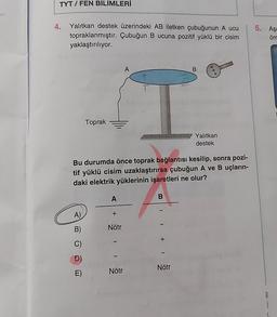 TYT / FEN BİLİMLERİ
4.
Yalıtkan destek üzerindeki AB iletken çubuğunun A ucu
topraklanmıştır. Çubuğun B ucuna pozitif yüklü bir cisim
yaklaştırılıyor.
A)
B)
C)
Toprak
D)
E)
A
Bu durumda önce toprak bağlantısı kesilip, sonra pozi-
tif yüklü cisim uzaklaştırırsa çubuğun A ve B uçların-
daki elektrik yüklerinin işaretleri ne olur?
+
Nötr
1
A
Nötr
B
+
I
B
Nötr
(+++)
Yalıtkan
destek
5. Aşa
örr