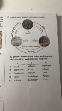 uğu
nda
anla
ştır.
olan
k-
a
10. Aşağıda kayaç döngüsüne ait görsel verilmiştir.
Erime
Yüksek sıcaklık ve basınç
1
Tortul
A)
B)
C)
D) Tortul
E)
1
kayaçlar
11
|||
kayaçlar kayaçlar
Volkanik
Başkalaşım
Başkalaşım
Yüksek sıcaklık ve basınç
Bu görselde numaralanmış yerlere yazılması gere-
ken kayaç türleri aşağıdakilerden hangisidir?
Ayrışma
Ayrışma
||
Volkanik
Tortul
Volkanik
Başkalaşım
Başkalaşım
Erime
Başkalaşım
Volkanik
Tortul
Volkanik
Tortul