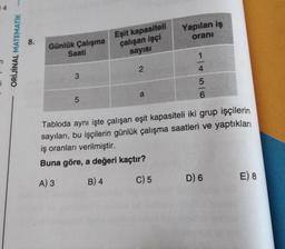 ORİJİNAL MATEMATİK
8.
Günlük Çalışma
Saati
3
5
Eşit kapasiteli
çalışan işçi
sayısı
2
a
Yapılan iş
oranı
1
4
5
6
Tabloda aynı işte çalışan eşit kapasiteli iki grup işçilerin
sayıları, bu işçilerin günlük çalışma saatleri ve yaptıkları
iş oranları verilmiştir.
Buna göre, a değeri kaçtır?
A) 3
B) 4
C) 5
D) 6
E) 8