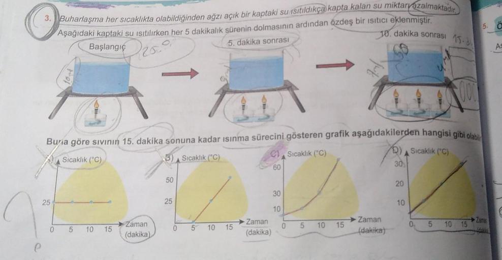 3. Buharlaşma her sıcaklıkta olabildiğinden ağzı açık bir kaptaki su ısıtıldıkça kapta kalan su miktarvazalmaktadır.
Aşağıdaki kaptaki su ısıtılırken her 5 dakikalık sürenin dolmasının ardından özdeş bir ısıtıcı eklenmiştir.
10. dakika sonrası 1.
Başlangıç
