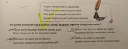 6.
Yorgun kanatlarınla bir akşamüstü
Özlem bulutlarından süzülüver içime
Sen gideli menekşeler bahara küstü
Ne gün doğdu ne yıldız gülümsedi geceme
Bu şiirde kullanılan söz sanatının özdeşi aşağıdaki dizelerin hangisinde vardır?
AYalnız senin gezdiğin bahçede açmaz çiçek,
Bizim diyarımız da bin bir baharı saklar.
Calmadın bir daha gönül kapısını
Gülmedin sabahıma pembe şafaklar gibi
B) Sarkilar hep tek yanlı aşklar için ağladı
Hüzünlerdi dökülen tamburların telinden
D) Hafiften bir yağmur yağıyordu
Ipıslak uzanan raylar hüzün veriyordu bana