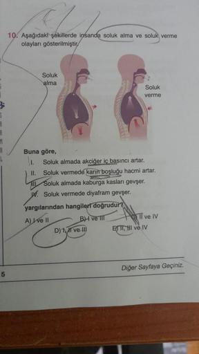 5
R
R
M
R
5
10. Aşağıdaki şekillerde insanda soluk alma ve soluk verme
olayları gösterilmiştir
Soluk
alma
Buna göre,
[I.
II.
Soluk almada akciğer iç basıncı artar.
Soluk vermede karın boşluğu hacmi artar.
Soluk almada kaburga kasları gevşer.
W. Soluk verme