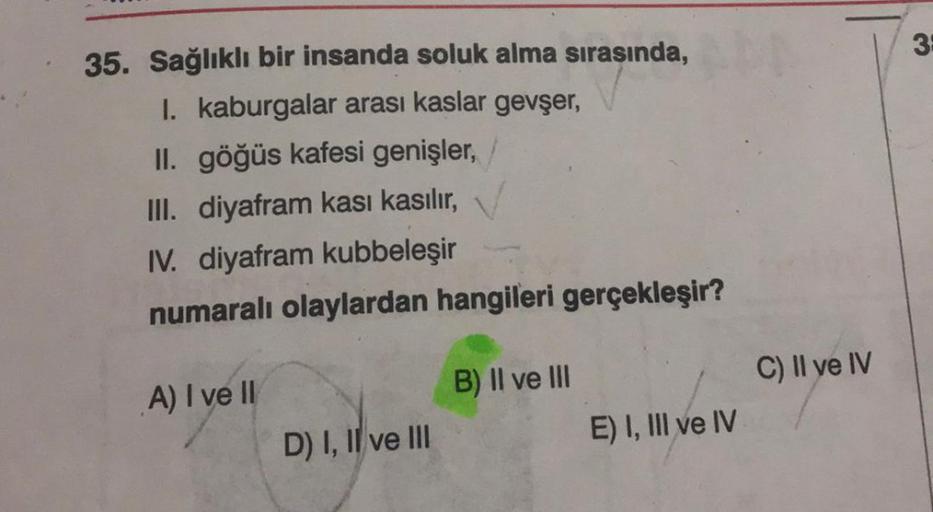 35. Sağlıklı bir insanda soluk alma sırasında,
I. kaburgalar arası kaslar gevşer,
II. göğüs kafesi genişler, /
III. diyafram kası kasılır,
IV. diyafram kubbeleşir
numaralı olaylardan hangileri gerçekleşir?
A) I ve II
D) I, II ve III
B) II ve III
E) I, III