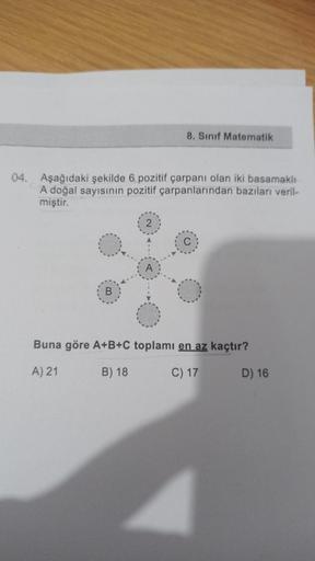 04. Aşağıdaki şekilde 6 pozitif çarpanı olan iki basamaklı
A doğal sayısının pozitif çarpanlarından bazıları veril-
miştir.
B
2
8. Sınıf Matematik
A
C
Buna göre A+B+C toplamı en az kaçtır?
A) 21
B) 18
C) 17
D) 16