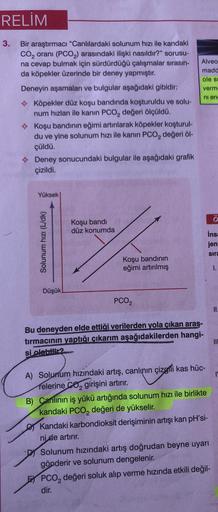 RELİM
3.
Bir araştırmacı "Canlılardaki solunum hızı ile kandaki
CO₂ orani (PCO₂) arasındaki ilişki nasıldır?" sorusu-
na cevap bulmak için sürdürdüğü çalışmalar sırasın-
da köpekler üzerinde bir deney yapmıştır.
Deneyin aşamaları ve bulgular aşağıdaki gibi