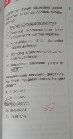 EST
Aşağıda bir hayvan hücresinin gamet
oluşturması sırasında görülen evreler
verilmiştir.
1. Kardeş kromatitlerin ayrılması
Homolog kromozomların birer
kromatitlerinin sarmal yapması
Kromatitlerin 4'lü demetler
hâlinde dizilmesi
IV. Homolog kromozomların zıt ku-
tuplara çekilmesi
V. Kromozom sayısının yarıya in-
mesi
Numaralanmış evrelerin gerçekleş-
me sırası aşağıdakilerden hangisi
gibidir?
A) II-III-V-IV-I
B) II-III-I-V-IV
DV
D) III-II-IV-V-I
E) I-II-III-IV-V
Yo
9.