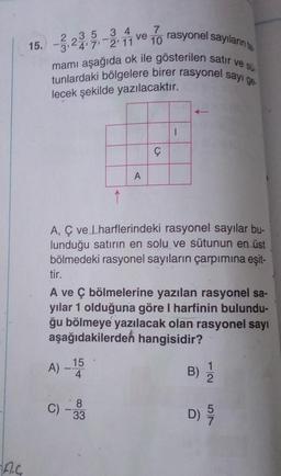 A.C
15. -3.235-2 11 ve 10 rasyonel sayıların
tunlardaki bölgelere birer rasyonel sayı ge
ve s
lecek şekilde yazılacaktır.
↑
A
8
C) -33
Ç
1
A, C ve Lharflerindeki rasyonel sayılar bu-
lunduğu satırın en solu ve sütunun en üst
bölmedeki rasyonel sayıların çarpımına eşit-
tir.
A ve Ç bölmelerine yazılan rasyonel sa-
yılar 1 olduğuna göre I harfinin bulundu-
ğu bölmeye yazılacak olan rasyonel sayı
aşağıdakilerden hangisidir?
A) -15
B) 1/2
D) 5/7