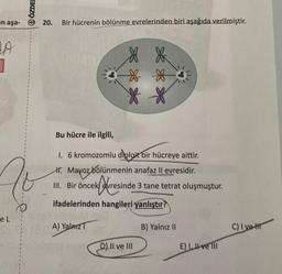 an aşa-
LA
1
eL
ÖZDE
20. Bir hücrenin bölünme evrelerinden biri aşağıda verilmiştir.
Bu hücre ile ilgili,
1. 6 kromozomlu diploit bir hücreye aittir.
H. Mayoz bölünmenin anafaz Il evresidir.
III. Bir öncek evresinde 3 tane tetrat oluşmuştur.
ifadelerinden hangileri yanlıştır?
c76/8UM 1560
A) Yalnız T
D) II ve III
B) Yalnız II
E) I ve III
C) I ve t