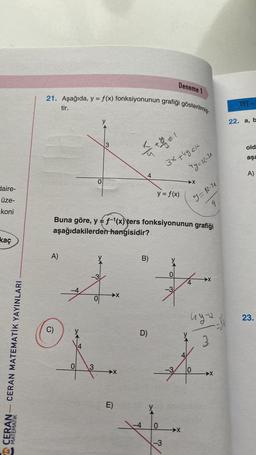 daire-
üze-
koni
kaç
CERAN-CERAN MATEMATİK YAYINLARI
MATEMATIK
21. Aşağıda, y = f(x) fonksiyonunun grafiği gösterilmiş-
A)
tir.
G
0
-3
0
0 3
3
Buna göre, y = f-1(x) \ters fonksiyonunun grafiği
aşağıdakilerden hangisidir?
→→→X
➜X
E)
4
B)
D)
Deneme 1
gel
3x+4yck
y = f(x)
0
-3
"y=12-3x
J= 12-31
9
X
-3 0
✈X
uy
3
✈X
TYT -
22. a, b
old
aşa
A)
23.