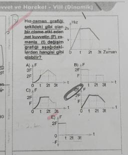 vvet ve Hareket - VIII (Dinamik)
46
Hiz-zaman grafiği
şekildeki gibi olan
bir cisme etki eden
grafiği aşağıdaki-
lerden hangisi gibi
olabilir?
3F
C) F
2F
F
F
E) F
-F
Hız
B) F
2F
F
t 2t 3t
***
3t Zaman