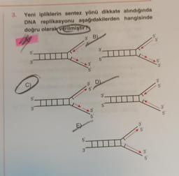 3.
Yeni ipliklerin sentez yönü dikkate alındığında
DNA replikasyonu aşağıdakilerden hangisinde
doğru olarak verilmiştir?
3'
C)
5'
3
E)
3' B)
3"
5'
5'
3'
3' D)
5'
my
5"
3'
5"
3'
5'
3'
5'
3'
5
'3'
3'
5'
3