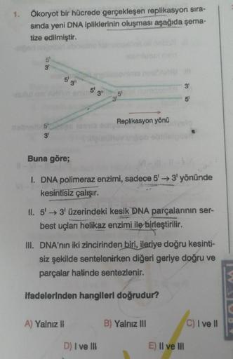 1. Ökoryot bir hücrede gerçekleşen replikasyon sıra-
sında yeni DNA ipliklerinin oluşması aşağıda şema-
tize edilmiştir.
in m
3¹
3¹
3
5' 3"
A) Yalnız II
Replikasyon yönü
Buna göre;
I. DNA polimeraz enzimi, sadece 5¹ → 3¹ yönünde
kesintisiz çalışır.
pasens