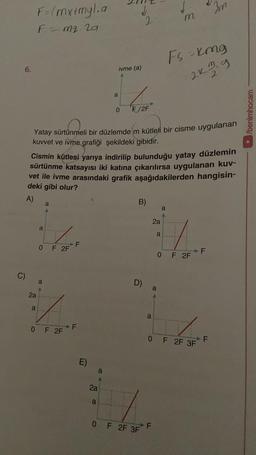 6.
C)
F=(mxtmyl.a
F = m² 29
2a
a
a
a
0 F 2F
a
0 F 2F
F
Yatay sürtünmeli bir düzlemde m kütleli bir cisme uygulanan
kuvvet ve ivme grafiği şekildeki gibidir.
F
Cismin kütlesi yarıya indirilip bulunduğu yatay düzlemin
sürtünme katsayısı iki katına çıkarılırsa uygulanan kuv-
vet ile ivme arasındaki grafik aşağıdakilerden hangisin-
deki gibi olur?
A)
E)
a
2a
a
J
ivme (a)
a
0 F/2F
2
J
B)
D)
0 F 2F 3F
a
2a
F
a
m
Fs=kmg
2229
a
a
A
0 F 2FF
3m
0 F 2F 3F
F
/benimhocam