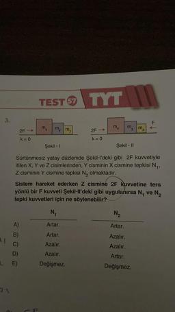 3.
73
→
2F->
k = 0
A)
B)
1 C)
D)
E)
TEST 5 TYT
57
mx
L
my m₂
Şekil - 1
Şekil - II
Sürtünmesiz yatay düzlemde Şekil-l'deki gibi 2F kuvvetiyle
itilen X, Y ve Z cisimlerinden, Y cisminin X cismine tepkisi N₁,
Z cisminin Y cismine tepkisi N₂ olmaktadır.
2F->
k = 0
Sistem hareket ederken Z cismine 2F kuvvetine ters
yönlü bir F kuvveti Şekil-ll'deki gibi uygulanırsa N₁ ve N₂
tepki kuvvetleri için ne söylenebilir?
mx
N₁
Artar.
Artar.
Azalır.
Azalır.
Değişmez.
my mz
N₂
Artar.
Azalır.
Azalır.
Artar.
Değişmez.