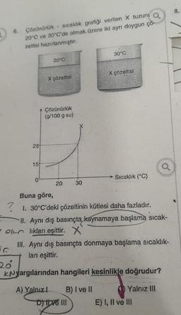 6. Çözünürlük - sıcaklık grafiği verilen X tuzuni
20°C ve 30°C'de olmak üzere iki ayrı doygun çö-
zeltisi hazırlanmıştır.
2
28
20
151
0
20°C
X çözeltisi
Çözünürlük
(g/100 g su)
20
30
30°C
Buna göre,
I. 30°C'deki çözeltinin kütlesi daha fazladır.
II. Aynı dış basınçta kaynamaya başlama sıcak-
e olun lıkları eşittir. X
D) Il ve III
X çözeltisi
Sıcaklık (°C)
III. Aynı dış basınçta donmaya başlama sıcaklık-
ları eşittir.
KNyargılarından hangileri kesinlikle doğrudur?
A) Yalnızl
B) I ve II
Yalnız III
E) I, II ve III