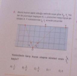 hiz
2. Alonti hizinin sabit olduğu nehirde suya göre V V hu
lan ile yüzmeye başlayan K, L yüzücüleri karşı kiyiya şe
kildeki X. Y noktalanında sürede çıkıyorlar.
Yüzücülerin karşı kıyıya ulaşma süreleri oranı
kaçtır?
**
a)
D) 1
E) 2