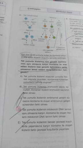 arisal
gisi
rlar.
T16
zigot (2n)
Mitoz
menggers
Mitoz
Çekirdek
Mitoz çıkanlır.
A
canlısı canlis
(2n) çekirdek
aşılanır.
BİYOLOJİ TESTI
Gelişme
T canlisinin
genetik ikizi
6. Biyoremidasyon, h
Aynı türe ait tek yumurta ikizleri ile klonlama yoluy-
la elde ed