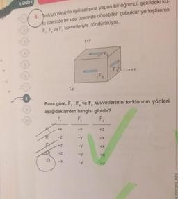 1. ÜNİTE
8
5. Tork'un yönüyle ilgili çalışma yapan bir öğrenci, şekildeki ku-
Au üzerinde bir ucu üzerinde dönebilen çubuklar yerleştirerek
F₁, F, ve F, kuvvetleriyle döndürülüyor.
to the
+X
-Z
Buna göre, F₁, F₂ ve F, kuvvetlerinin torklarının yönleri
aşağıdakilerden
hangisi gibidir?
F₂
F₁
F₂
+Z
+Z
-X
F TFT T
+y
-y
+y
A+Y
-y
F₂
F3
+Z
-X
+X
+X
F₁ +X
-Z
N YAYINLARI