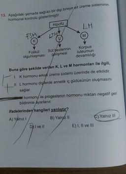 13. Aşağıdaki şemada sağlıklı bir dişi bireye ait üreme sisteminin
hormonal kontrolü gösterilmiştir.
FSH
K
Folikül
olgunlaşması
Hipofiz
LTHY
Süt bezlerinin
gelişmesi
DI ve II
LH
ifadelerinden hangileri yanlıştır?
A) Yalnız I
B) Yalnız II
M
Buna göre şekilde verilen K, L ve M hormonları ile ilgili,
1. K hormonu erkek üreme sistemi üzerinde de etkilidir.
II. L hormonu dişilerde annelik iç güdüsünün oluşmasını
sağlar.
Korpus
luteumun
devamlılığı
hormonu ile progesteron hormonu miktarı negatif geri
bildirimle ayarlanır.
E) I, II ve III
C) Yalnız III