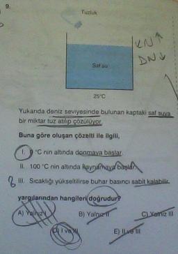 9.
Tuzluk
Sal su
25°C
Ive
Yukarıda deniz seviyesinde bulunan kaptaki saf suva
bir miktar tuz atılıp çözülüyor.
Buna göre oluşan çözelti ile ilgili,
DNJ
L
°C nin altında donmaya başlar.
II. 100 °C nin altında kaynamaya başlar
& III.
III. Sıcaklığı yükseltilirse buhar basıncı sabit kalabilir.
yargılarından hangileri doğrudur?
A) Yairuz
B) Yalnız 1
E) Ive Ill
C) Yalniz III