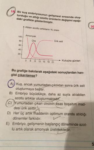 18 Bir kuş embriyosunun gelişmesi sırasında oluş-
turduğu ve attığı azotlu ürünlerin değişimi aşağı-
daki grafikte gösterilmiştir.
1.
100+
80-
60
40-
A Atılan azotlu artıkların % oranı
20
Amonyak
Üre
3 6 9 12 15 18 21
Ürik asit
Kuluçka günleri
Bu grafiğe b